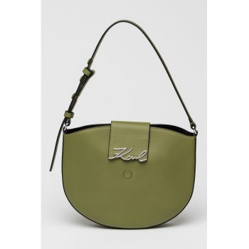 Geanta din piele cu bareta de umar si inchidere cu clapa Signature - Verde fistic