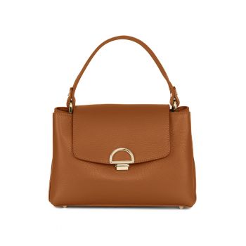 Geanta din piele cu maner si pandantiv logo - Maro scortisoara