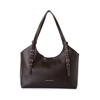 Geanta din piele ecologica cu bareta de umar si logo - Maro inchis