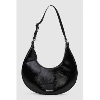 Geanta in forma de semiluna cu barete de umar cu logo - Negru