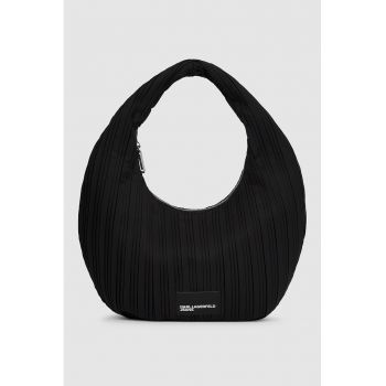 Geanta in forma de semiluna cu striatii si bareta de umar - Negru