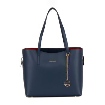 Geanta shopper din piele cu accesoriu logo detasabil - Bleumarin