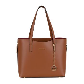 Geanta shopper din piele cu accesoriu logo detasabil - Maro scortisoara
