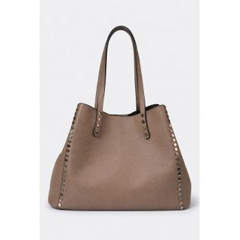 Geanta shopper din piele cu aplicatii cu nituri - Maro pamantiu