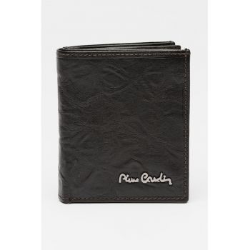 Portofel pliabil din piele cu logo metalic - Maro inchis