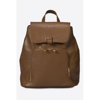 Rucsac din piele cu clapa - Maro cognac