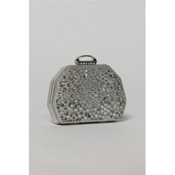 Clutch argintiu elegant metalic cu strasuri si pietre decorative