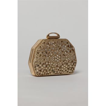 Clutch auriu elegant metalic cu strasuri si pietre decorative