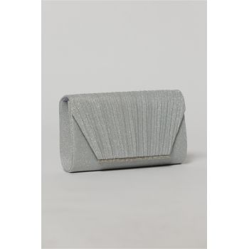 Clutch elegant argintiu din lurex si detalii plisate