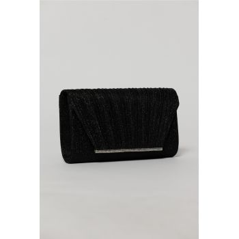 Clutch elegant negru din lurex si detalii plisate