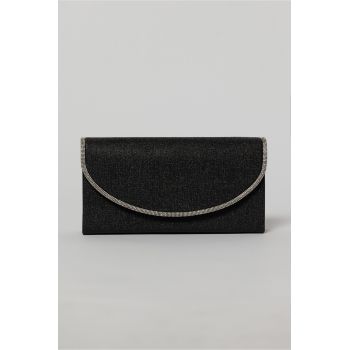 Clutch negru elegant cu clapeta curbata decorata cu strasuri
