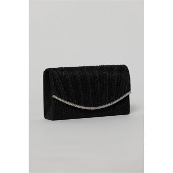 Clutch negru elegant cu clapeta curbata si detalii plisate