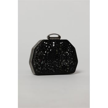 Clutch negru elegant metalic cu strasuri si pietre decorative