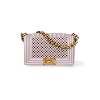 Geanta crossbody cu clapa si maner din lant - Bej/Auriu deschis