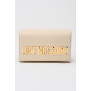 Geanta crossbody de piele ecologica cu bareta din lant si logo metalic - Alb fildes