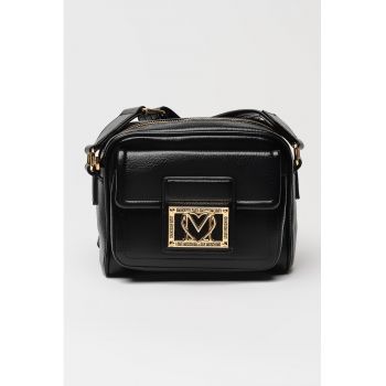 Geanta crossbody de piele ecologica cu buzunar frontal cu clapa - Negru