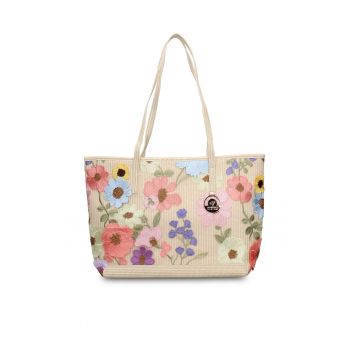 Geanta cu bareta de umar si detalii brodate Lumiflora - Bej