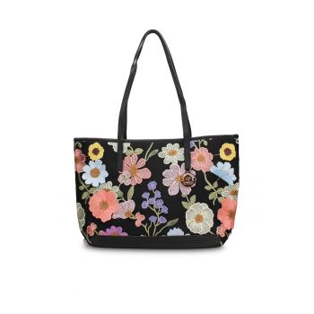 Geanta cu bareta de umar si detalii brodate Lumiflora - Negru