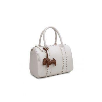 Geanta de piele ecologica cu bareta de umar si accesoriu decorativ Valoria Lux - Alb