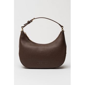 Geanta de piele ecologica cu bareta de umar si logo metalic - Maro inchis
