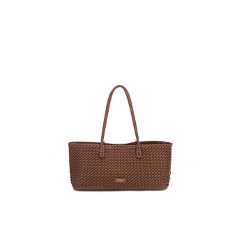 Geanta de piele ecologica cu bareta si aspect tesut Valoria Pro - Caramel