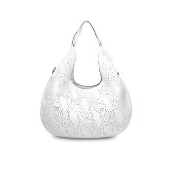 Geanta de piele ecologica cu bareta si monograma Silvana - Alb