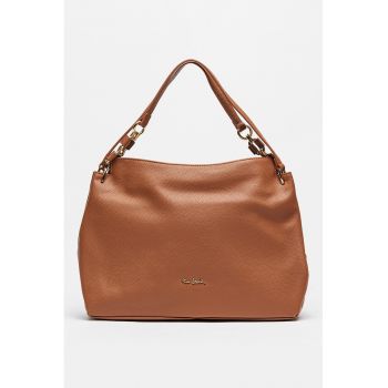 Geanta din piele cu bareta de umar si fermoar - Maro cognac