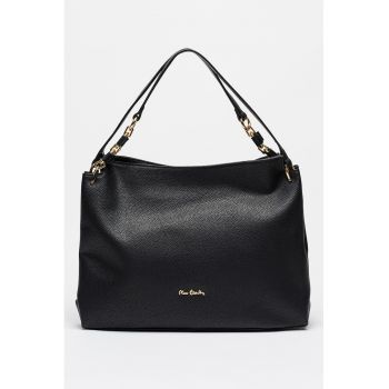 Geanta din piele cu bareta de umar si fermoar - Negru