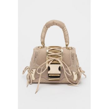 Geanta din piele ecologica cu bareta de umar si logo Diego - Auriu/Bej