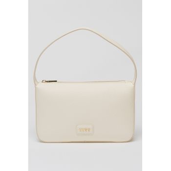 Geanta din piele ecologica cu maner si detaliu cu logo metalic - Alb murdar