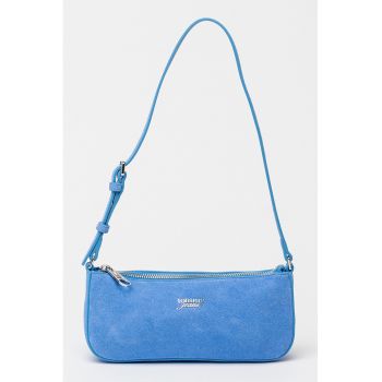 Geanta din piele intoarsa cu bareta de umar si logo - Albastru glaciar