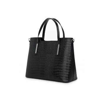 Geantă din piele naturală amprentată  Carolina - neagră - 27x37x15cm - cu două compartimente