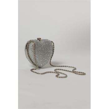 Geanta eleganta din strasuri argintie in forma de inima