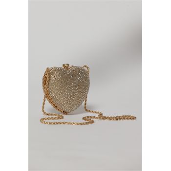 Geanta eleganta din strasuri aurie in forma de inima