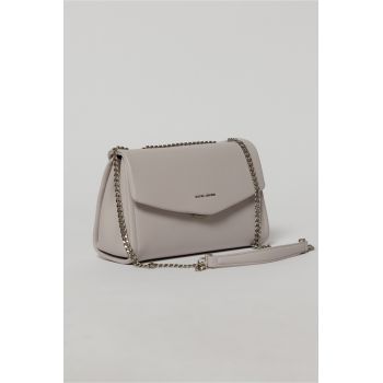 Geanta eleganta lila cu design structurat si lant argintiu