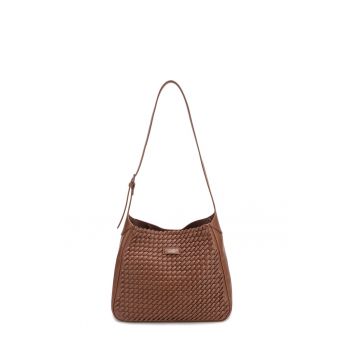 Geanta hobo de piele ecologica cu aspect tesut Étoile - Caramel