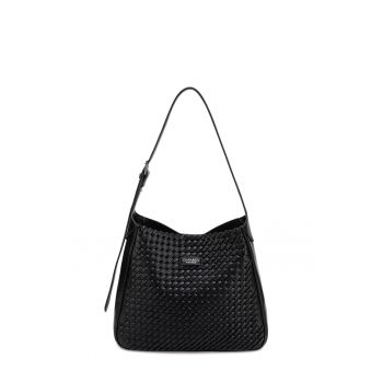 Geanta hobo de piele ecologica cu aspect tesut Étoile - Negru