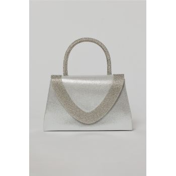 Geanta mica argintie cu strasuri argintii si maner rotund