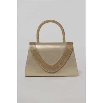 Geanta mica aurie cu strasuri argintii si maner rotund