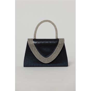 Geanta mica bleumarin cu strasuri argintii si maner rotund