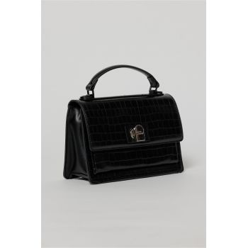 Geanta neagra office din piele ecologica cu imprimeu sarpe