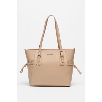 Geanta shopper cu aspect granulat si buzunare laterale - Bej inchis