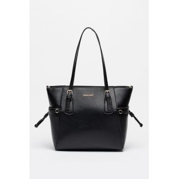 Geanta shopper cu aspect granulat si buzunare laterale - Negru