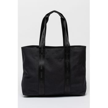 Geanta shopper din material textil cu fermoar si logo discret - Negru