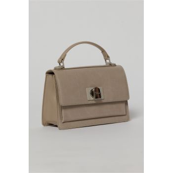 Geanta taupe office din piele ecologica cu imprimeu sarpe