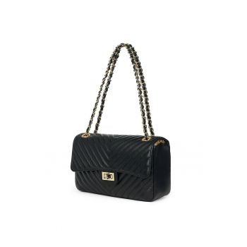 Poseta din piele matlasata  Anna - neagră - 16x27x9cm - 3 compartimente - bretea de umăr