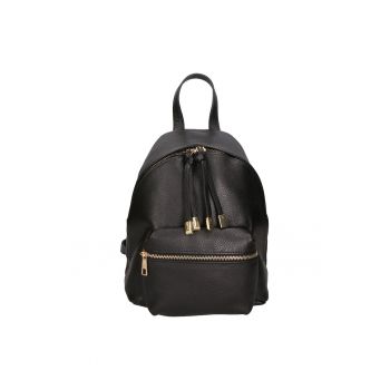 Rucsac din piele cu buzunar frontal cu fermoar - Negru