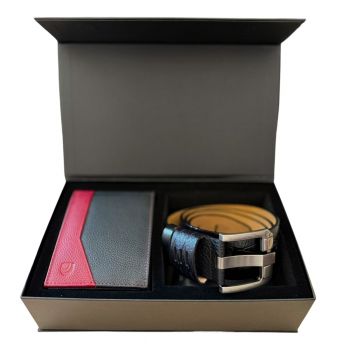 Set cadou pentru barbati, Portofel + Curea, piele naturala, model elegant, Negru