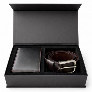 Set cadou pentru barbati, Portofel + Curea, piele naturala, model elegant, SET21, Negru