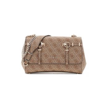 Geanta crossbody cu clapa - model monograma si bareta din lant Leona - Caramel